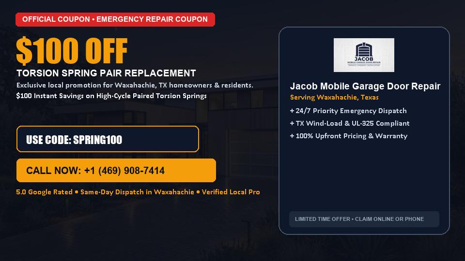 $100 OFF Dual High-Cycle Torsion Spring Replacement in Waxahachie, TX - Jacob Mobile Garage Door Repair