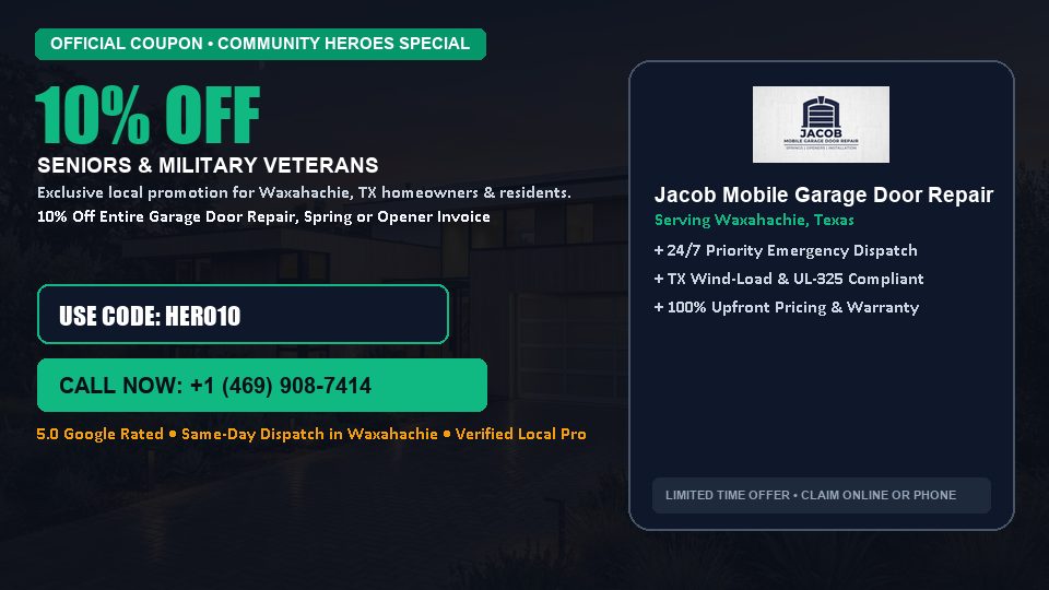 10% OFF Senior, Military & First Responder Discount in Waxahachie, TX - Jacob Mobile Garage Door Repair